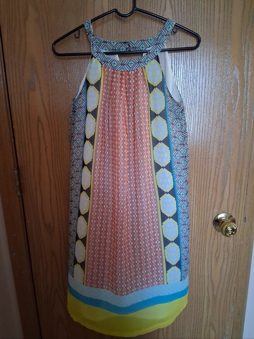 Women's Sleeveless Patterned Summer Dress in Coral, Yellow & Teal